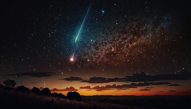 Piękny krajobraz nocnego nieba ze spadającymi meteorami Tapeta Generowana AI HD 4K