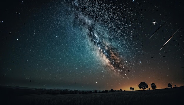 Piękny krajobraz nocnego nieba ze spadającymi meteorami Tapeta generowana AI HD 4K