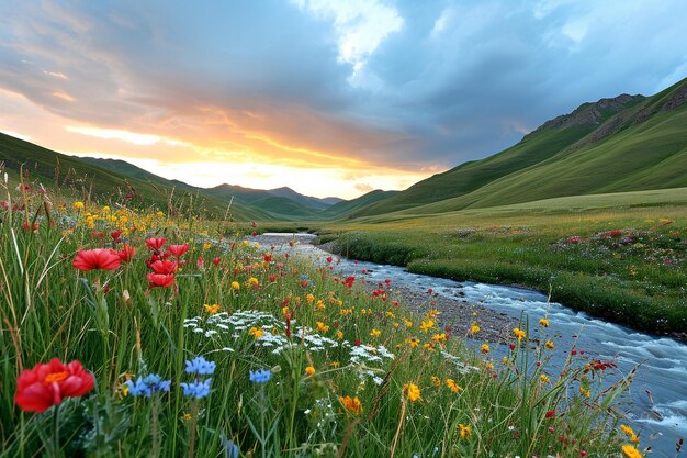 Piękny krajobraz pola z kwiatami i rzeką w górach o świcie