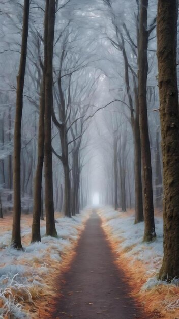 Piękny krajobraz ścieżki w lesie z drzewami pokrytymi mrozem