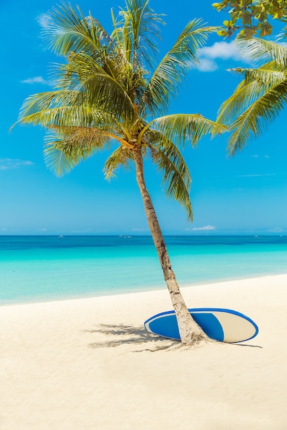 Piękny krajobraz tropikalnej plaży na wyspie Boracay, Filipiny. Palmy kokosowe, morze, paddleboard i biały piasek. Widok natury. Koncepcja wakacji letnich.