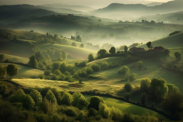 Piękny krajobraz wiejski z zieloną łąką na wzgórzu Stworzony przy użyciu technologii Generative AI