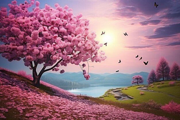 Zdjęcie piękny krajobraz wiosenny z kwiatami i drzewami