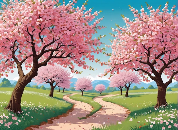 Piękny krajobraz wiosenny z różowymi kwiatami i drzewami