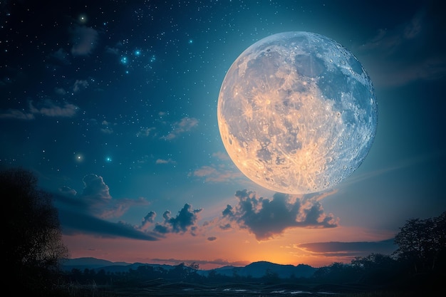Piękny krajobraz z dużym księżycem na nocnym niebie