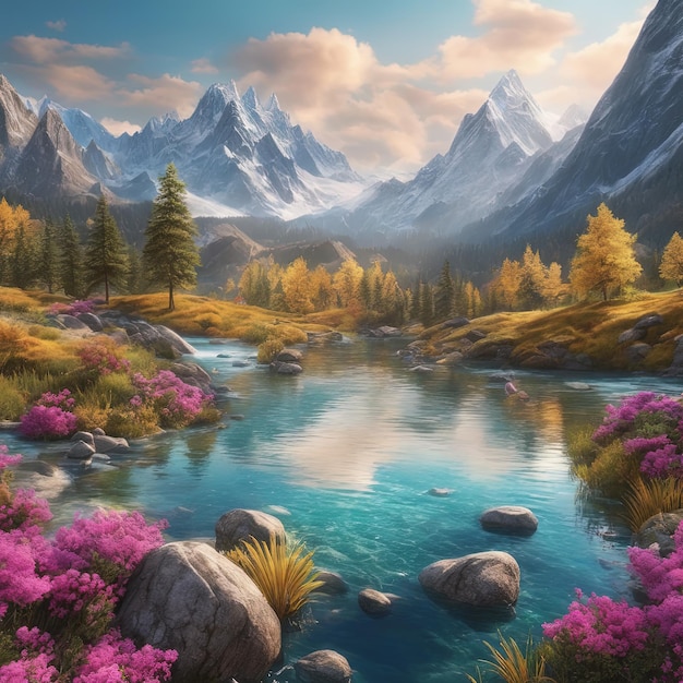 Piękny krajobraz z górami, natura, rzeka, ilustracja 3D, piękny krajobraz z górami.