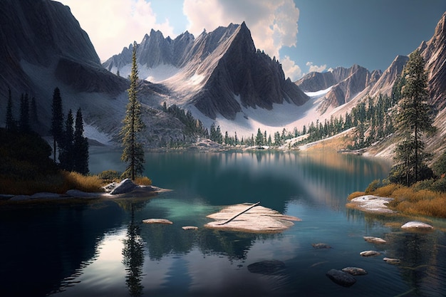 Piękny krajobraz z jeziorem i górami AI Generated