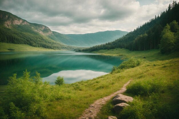 Piękny krajobraz z lasowym jeziorem górskim wczesnym rankiem generowany przez sztuczną inteligencję