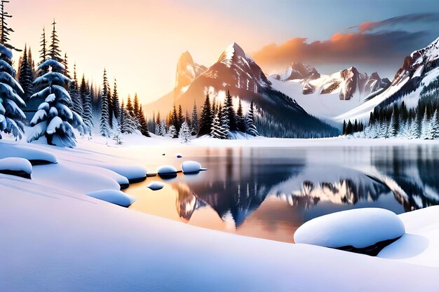 Piękny krajobraz z pokrytymi śniegiem górami i jeziorem.
