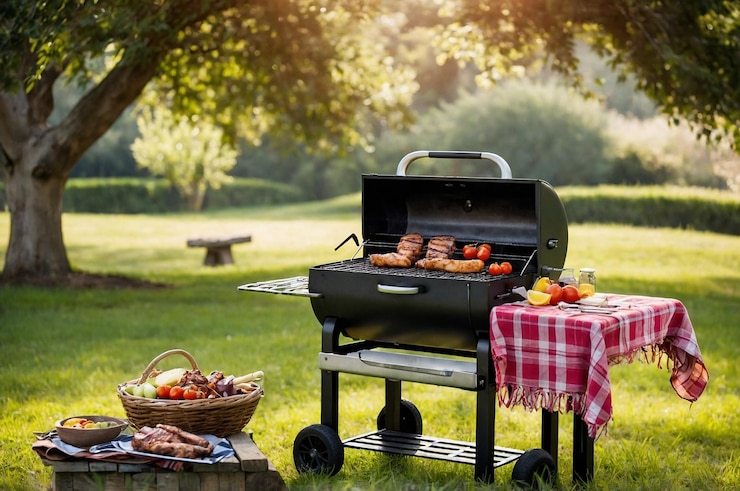 Zdjęcie piękny krajobraz z pysznym grillem i piknikem na tle
