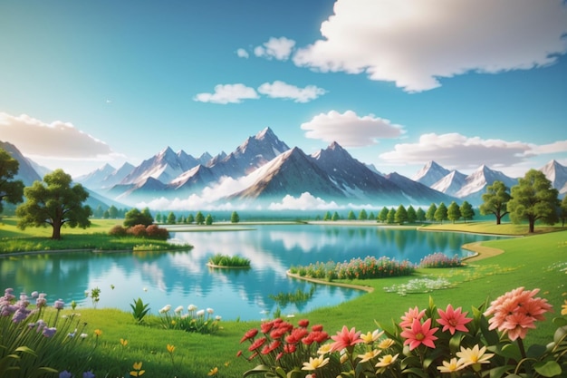 Piękny krajobraz z rzeką, wzgórzami i chmurami, w tym kwiaty.