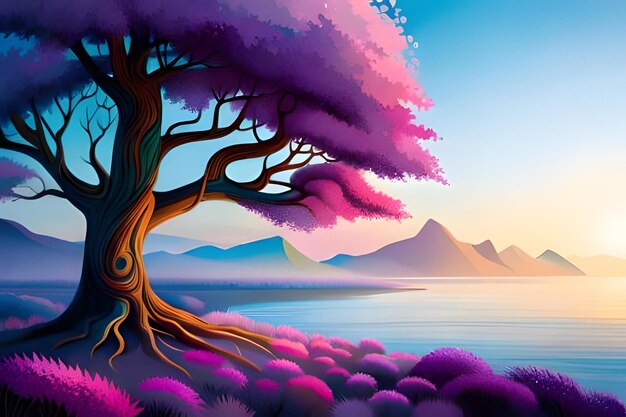 Piękny krajobraz z wielkim drzewem na pierwszym planie Ilustracja wektora abstrakcyjna ilustracji