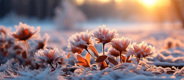 Zdjęcie piękny krajobraz zimowy kwiaty w mrozie przy zachodzie słońca