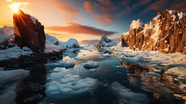 Piękny krajobraz zimowy z górami lodowymi w Jokulsarlon na Islandii