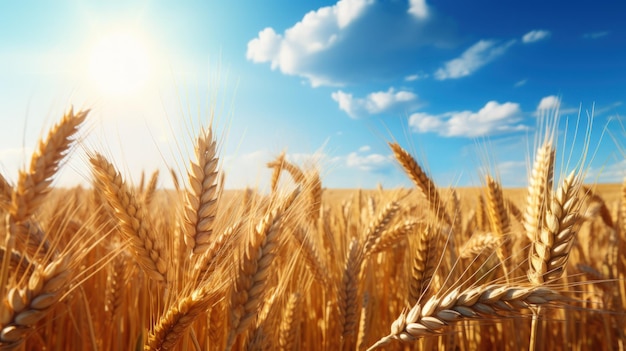 Piękny krajobraz złotego pola pszenicy i niebieskiego tła w słoneczny dzień Generuj obraz AI