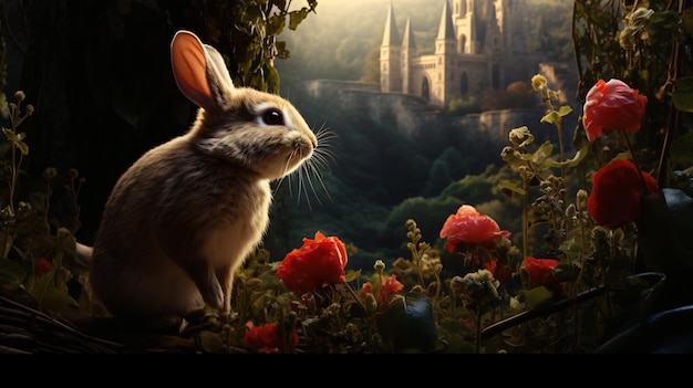 Piękny królik w lesie z piękną różą w