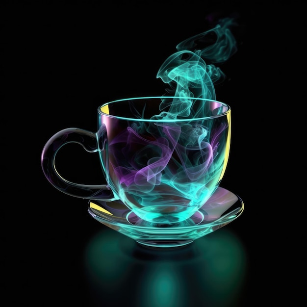 Piękny kształt filiżanki kawy w zielonym fioletowym ogniu na czarnym tle Olśniewający i promienny generatywny AI