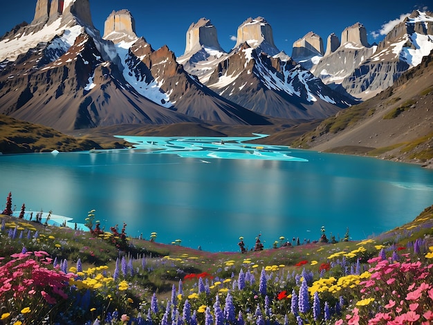 Piękny kwiat na brzegu parku narodowego górskiego jeziora Torres del Paine Chile AI Wygenerowano