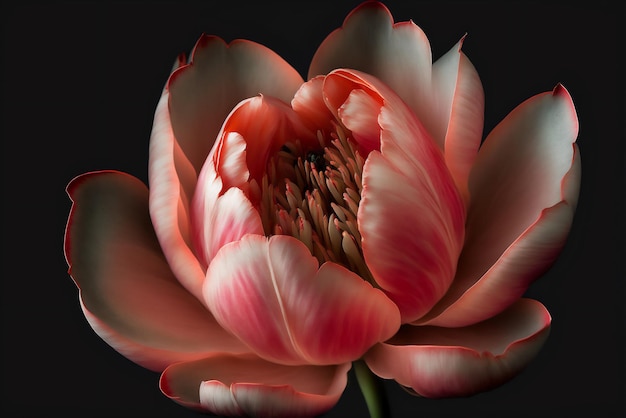 Piękny kwiat odizolowywający na czarnym tle. Kwiat ilustracji z bliska. Wygenerowane przez AI