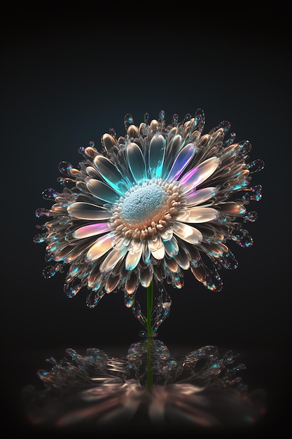 Piękny kwiat stokrotki i kropla wody na czarnym tle Utworzono za pomocą technologii Generative AI