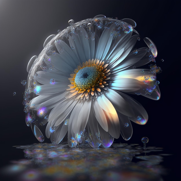 Piękny kwiat stokrotki i kropla wody na czarnym tle Utworzono za pomocą technologii Generative AI