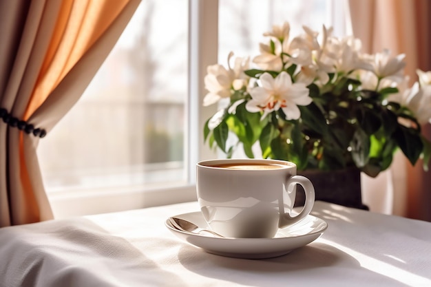 Piękny kwiat wiosenny kwiat z gorącą kawą na białym stole poranne światło słoneczne z okna