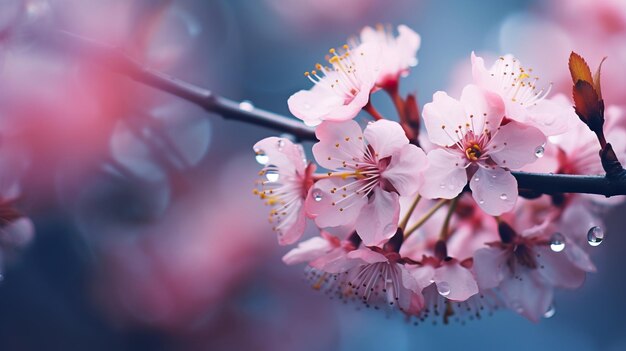 Zdjęcie piękny kwiat wiśni w deszczu wiosna miękka koncentracja