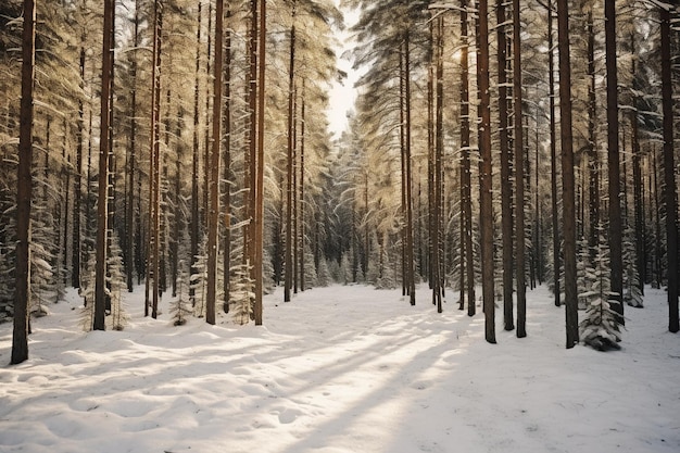 Piękny las z wieloma sosnami z wysokim śniegiem