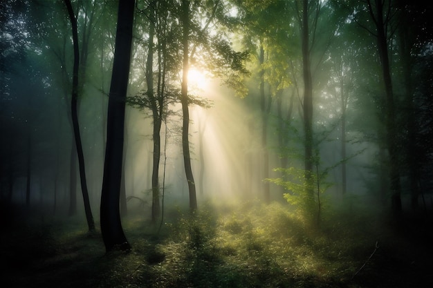 Piękny las ze słońcem świecącym przez Sunrise wewnątrz lasu promienie słońca w dziewiczej przyrodzie
