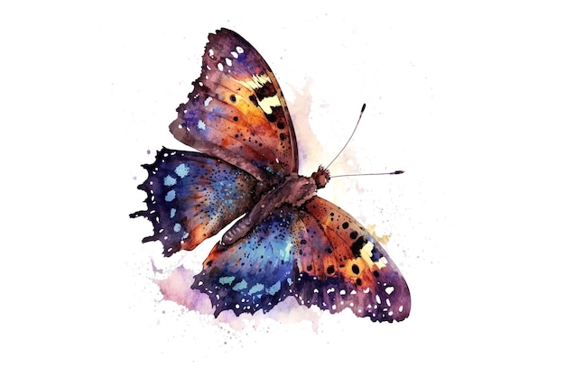 Piękny latający motyl namalowany akwarelami na białym tle Generative AI