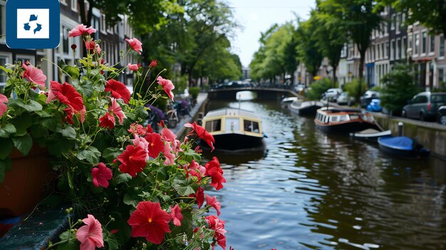 Zdjęcie piękny letni dzień w amsterdamie kanały są wyłożone kolorowymi kwiatami i łodziami drzewa są zielone i bujne