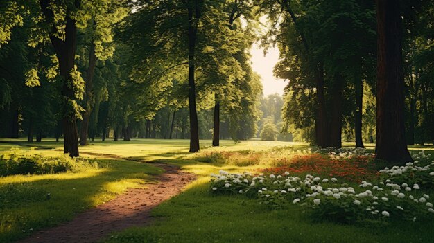 Piękny letni krajobraz z zielonymi liśćmi w parku