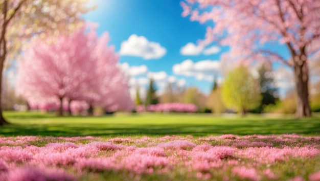 Piękny letni krajobraz z zielonymi polami i różowymi kwiatami wygenerowany przez AI