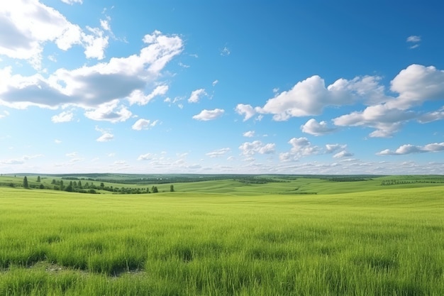 Piękny letni krajobraz zielonego pola i niebieskiego nieba z białymi chmurami