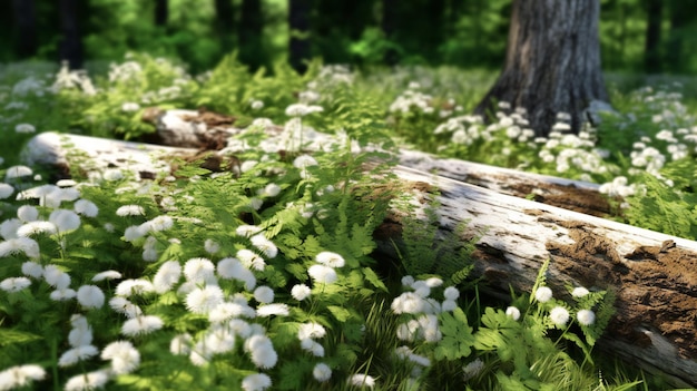 Piękny letni las z białymi kwiatami i upadłym drzewem