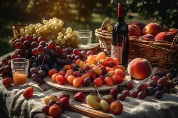 Piękny letni piknik z owocami i winem wygenerowany przez sztuczną inteligencję