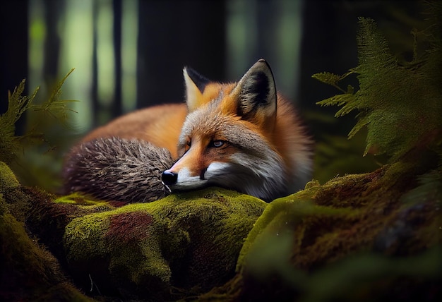 Piękny lis śpi w wydmach.