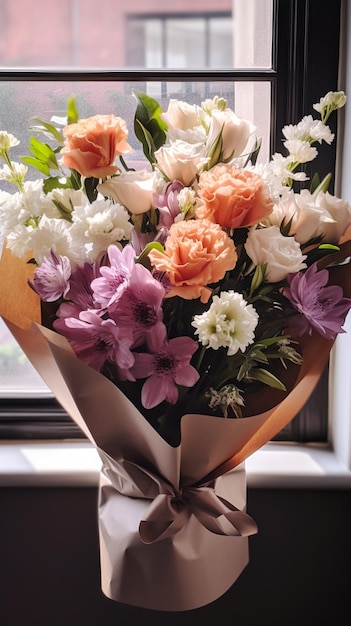 piękny luksusowy bukiet mieszanych kwiatów w pudełku kraftowym, dzieło kwiaciarni w Generative AI