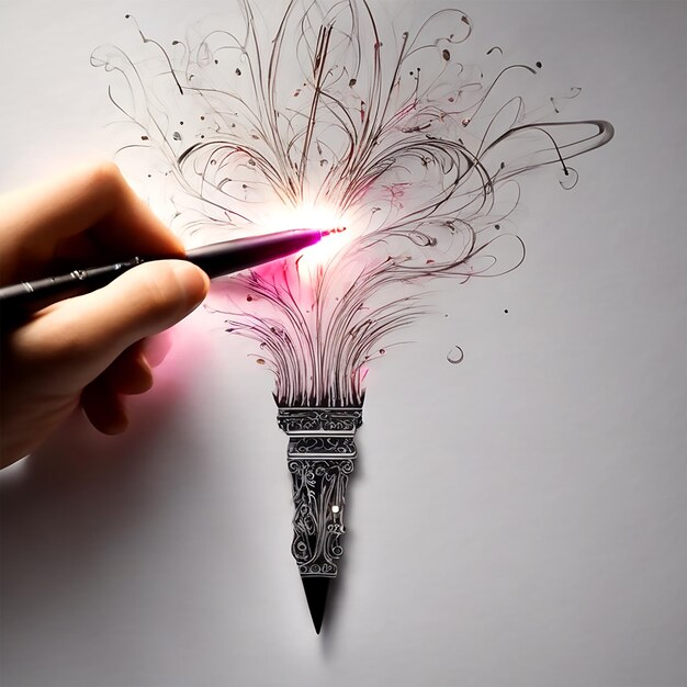 Piękny magiczny długopis emitujący światła i ruchy wokół kartki papieru