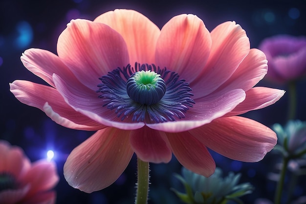 Piękny magiczny kwiat anemonu z magicznymi światłami w tle