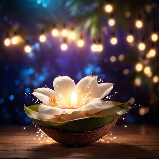 Piękny magiczny kwiat kokosa z magicznymi światłami w tle