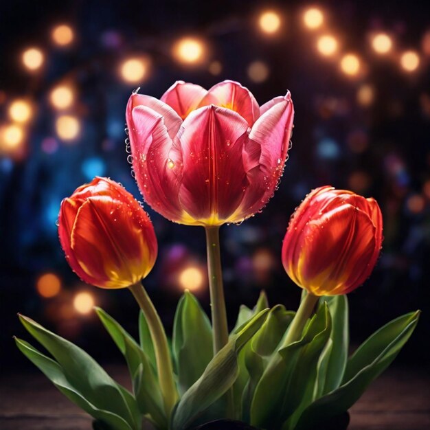 Piękny magiczny kwiat tulipanów z magicznymi światłami w tle