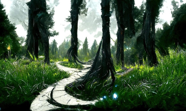 Piękny magiczny las bajeczne drzewa Leśny krajobraz promienie słońca oświetlają liście i gałęzie drzew Magiczny letni las ilustracja 3d