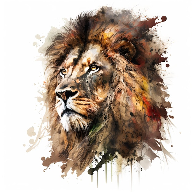 Piękny majestatyczny portret głowy lwa na białym tle ilustracja malarstwo grunge stylw Generative Ai