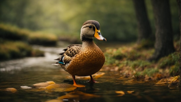 Piękny Mallard Drake w jesieni w pobliżu stawu Kaczka pływa w zimnej wodzie jeziora Migr