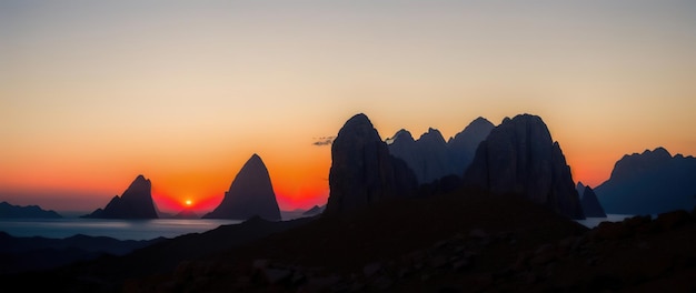Piękny malowniczy krajobraz pasma górskiego o świcie Generative AI