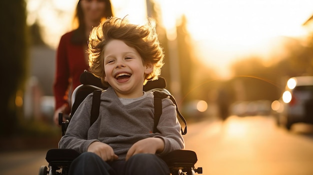 Piękny mały chłopiec z niepełnosprawnością chodzi na wózku inwalidzkim z matką o zachodzie słońca Dziecko z niepełnośnością