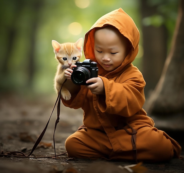 Piękny mały mnich robi zdjęcie kota za pomocą kamery DSLR