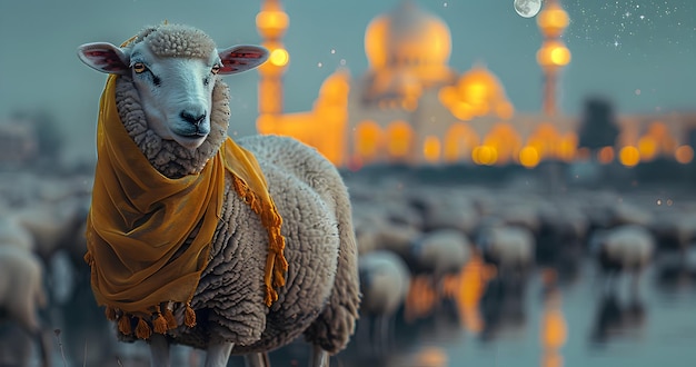 Piękny meczet błyskawiczny z owcem na tle dla projektowania karty powitalnej poświęcenia Eid al Adha