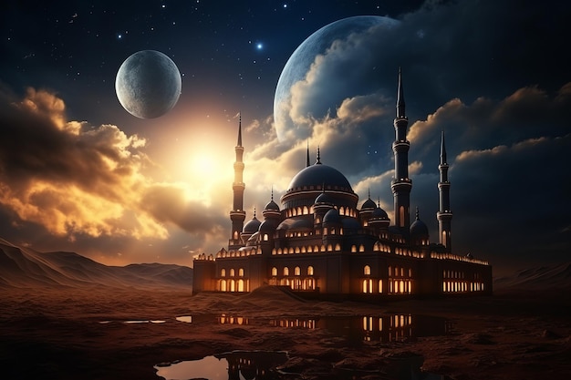 Piękny meczet na pustyni, światło księżyca na meczecie i mleczne niebo.